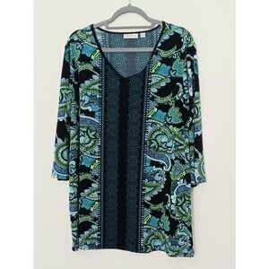Susan Graver Tunic Top Women's Size 1X Blue Green Liquid Knit Solid V-Neck Trim